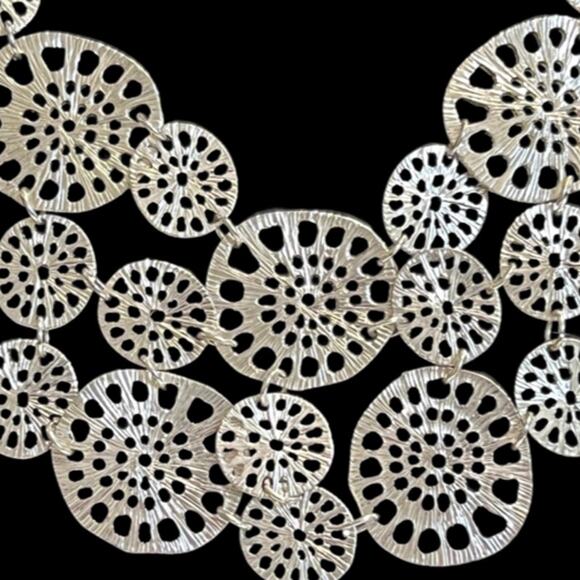 Silver Tone Sand Dollar Medallion Bib Statement Necklace Dangle Earrings Set - Picture 5 of 9